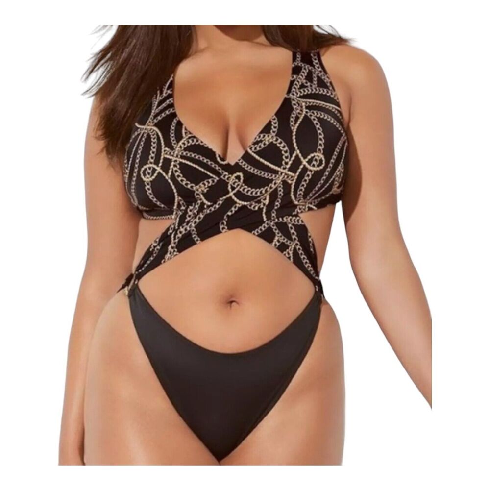 Ashley Graham x Swimsuits For All Monokini Chains‎ Swimsuit Black Size 12 New